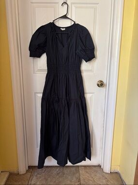 Moon River Black Maxi Dress with Smocked Waist and Puff Sleeves